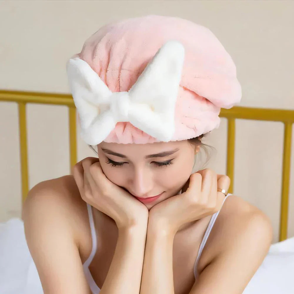 1PC Quick Drying Hair Towel Wrap With Bow Microfiber Absorbent Hair Turban For Wet Hair Curly Long Thick Hair